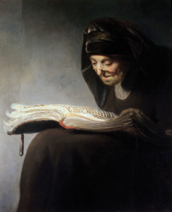 Rembrandt. Anciana leyendo un libro, hacia 1629