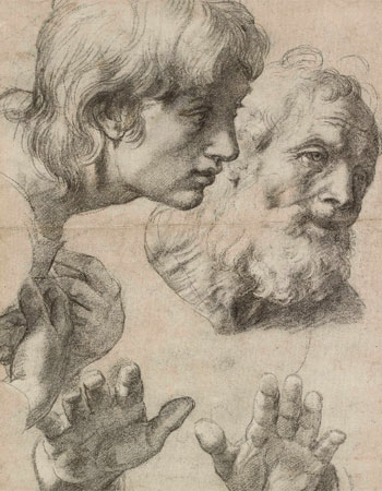 Rafael Sanzio. Estudio de cabezas y manos de dos Apóstoles, 1515-1520