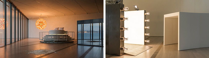 Elevator Bed (Cama ascensor), 2010 Acero, elevador eléctrico de tijera, paneles de madera, paneles acrílicos, sistema de control, cables, colchones, sábanas, nevera, cafetera eléctrica, luces de LED y bombillas. Ø 543 cm ; altura entre 163-425 cm. Colección Thyssen-Bornemisza Art Contemporary, Viena. ©Attilio Maranzano y Light Corridor (Pasillo de luz), 2016 Luces de LED, bombillas de LED, acero, vidrio laminado, acero inoxidable, sistema de control digital. 307 x 255 x 453 cm. Colección Inelcom Arte Contemporáneo, España. ©Attilio Maranzano