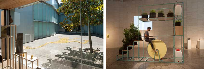 Hybris. Una posible aproximación ecoestética. Vista de la exposición en MUSAC, Museo de Arte Contemporáneo de Castilla y León. En la imagen de la izquierda: Juan Zamora, Pelophylaxperezi, 2017 y Juanli Carrión, La edad de Indio, 2017. A la derecha: Santiago Morilla, Fundar un bosque, 2016.