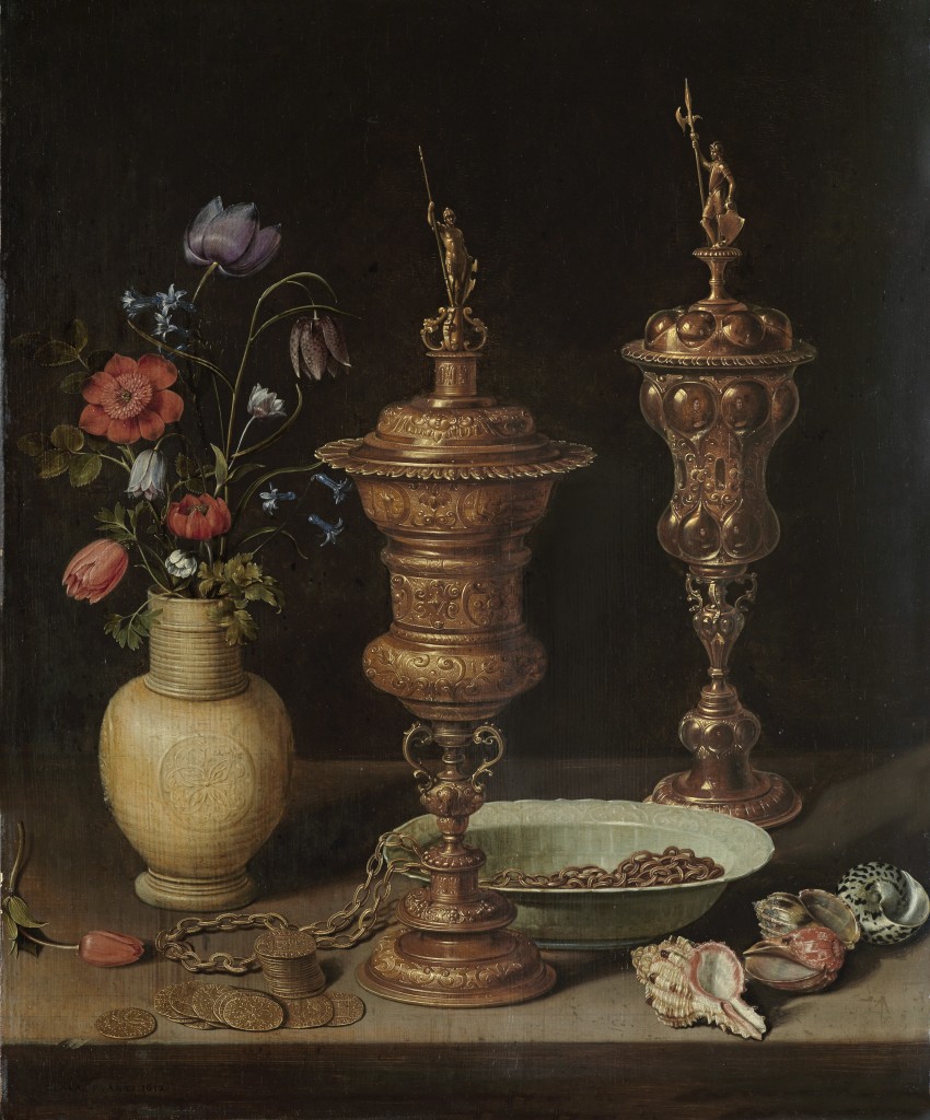 Clara Peeters. Bodegón con flores, copas doradas, monedas y conchas, 1612. Karlsruhe, Staatliche Kunsthalle