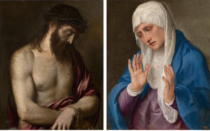 n_prado_piedra_ecce_homo_dolorTiziano. A la izquierda Ecce Homo, 1547 (óleo sobre pizarra) y a laderecha Dolorosa con las manos abiertas, 1555 (óleo sobre mármol). Museo Nacional del Prado, Madridosa_tiziano