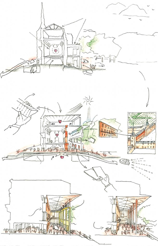 Norman Foster y Carlos Rubio ganan el concurso de rehabilitación del Salón de Reinos, y la ampliación del Museo del Prado. Interior de la galería- atrio de la fachada Sur. Resumen ejecutivo de la propuesta para el Salón de Reinos