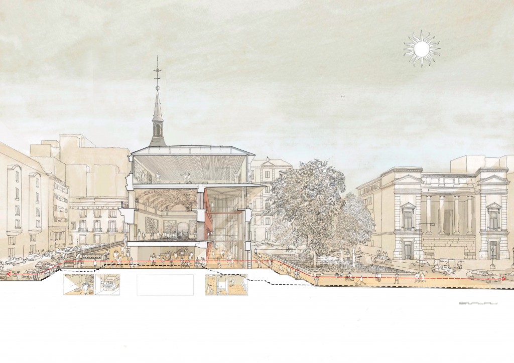 Norman Foster y Carlos Rubio ganan el concurso de rehabilitación del Salón de Reinos, y la ampliación del Museo del Prado. Interior de la galería- atrio de la fachada Sur. Sección transversal perspectiva de la propuesta en la que se muestra la permeabilidad del eje Norte-Sur