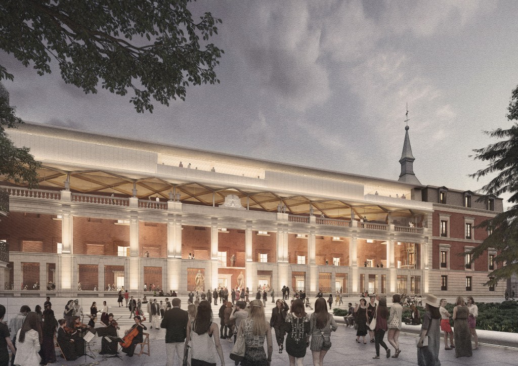 Norman Foster y Carlos Rubio ganan el concurso de rehabilitación del Salón de Reinos, y la ampliación del Museo del Prado. Interior de la galería- atrio de la fachada Sus. Vista de la nueva entrada Sur
