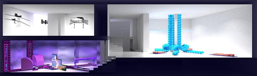 Render de la exposición. Vista sección: Izquierda abajo: instalación de Fru*Fru y vídeos de Claudia Maté. Izquierda arriba: obras de June Crespo. Derecha: Eva Fábregas.