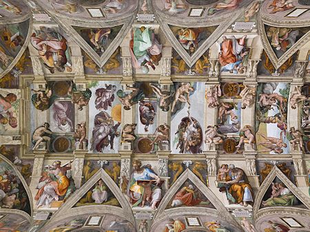 Miguel Ángel Buonarroti, Vista general de los frescos de la bóveda de la Capilla Sixtina, 1508-1512
