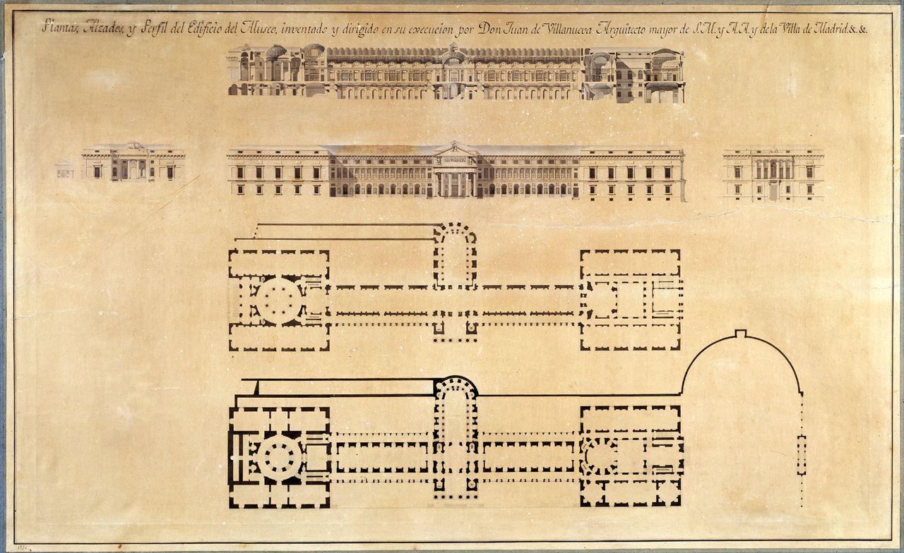 Plantas, alzados y perfil del edificio del Museo, inventado y dirigido en su execución por Don Juan de Villanueva Arquitecto Mayor de S.M. y A.A. y de la Villa de Madrid