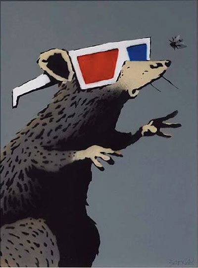Obra de arte urbano que estará presente en Urvanity. Banksy, Rat with 3D glasses. Vroom Varossieau Gallery