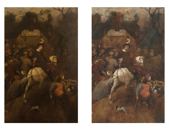 El vino de la fiesta de San Martín, de Bruegel el Viejo. Detalle del santo, antes y después de la restauración de la obra