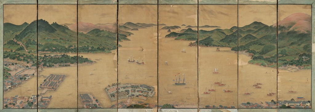 Kawahara Keiga. Vista de Deshima en la bahía de Nagasaki, hacia 1836. Museo Nacional de Etnología, Holanda