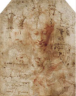 Parmigianino. Studies for Female Heads, a Griffin and Finials, c. 1522-24