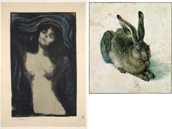 Edvard Munch, Madonna, 1895/1902,  lithography - © Albertina, Vienna/The Munch Museum/ The Munch Ellingson Group/VBK, Vienna, 2003 / Albrecht Dürer, Field Hare, 1502 - © Albertina 2000, Wien