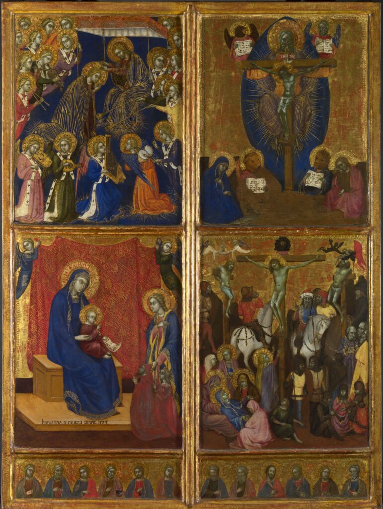 Barnaba da Modena. La Coronación de la Virgen; La Virgen con el Niño; La Trinidad; La Crucifixión y Los doce apóstoles, 1374. National Gallery, Londres
