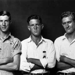 Mike Disfarmer. Undata-captiond, (Three young men arms crossed one in overalls two in white collered shirts), 1939-46