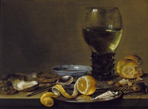 Willem Heda. Bodegón con copa Römer, panecillo y limón c 1640-43. Colección particular