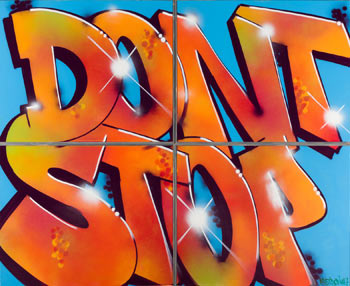 Pastron#7. Don't stop. Aerosol sobre lienzo, 162 x 200 cm. (4 lienzos de 81 x 100 cm. cada uno)