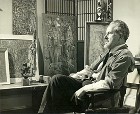 Mark Tobey en su estudio, 1949. Cortesía de Arthur Lyon Dahl. Fotografía: Larry Novak
