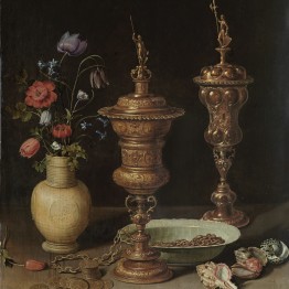 Clara Peeters. Bodegón con flores, copas doradas, monedas y conchas, 1612. Karlsruhe, Staatliche Kunsthalle