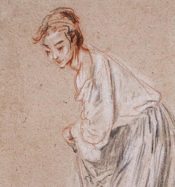 Antoine Watteau. Standing girl with bare feet, lifting her skirt, hacia 1715-1717