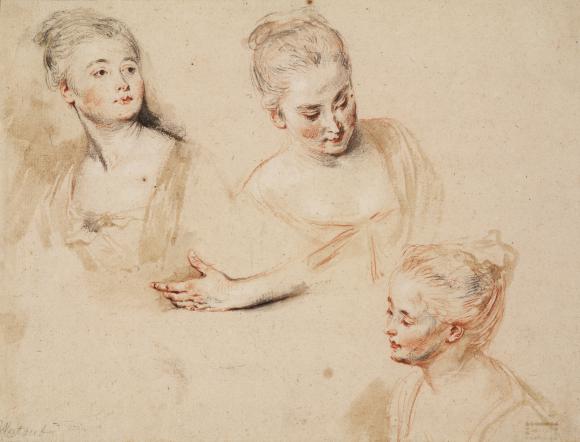 Antoine Watteau. Three studies of women 'en buste' and a hand, hacia 1718