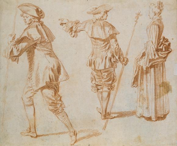 Antoine Watteau. Two pilgrims and a standing woman in profile, hacia 1709-1712