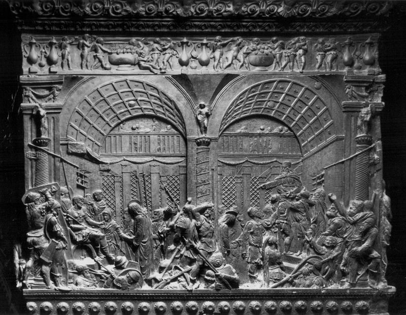 Donatello y sus seguidores.  Cristo ante Pilatos y Caifás, hacia 1465.  iglesia de san Lorenzo, Florencia
