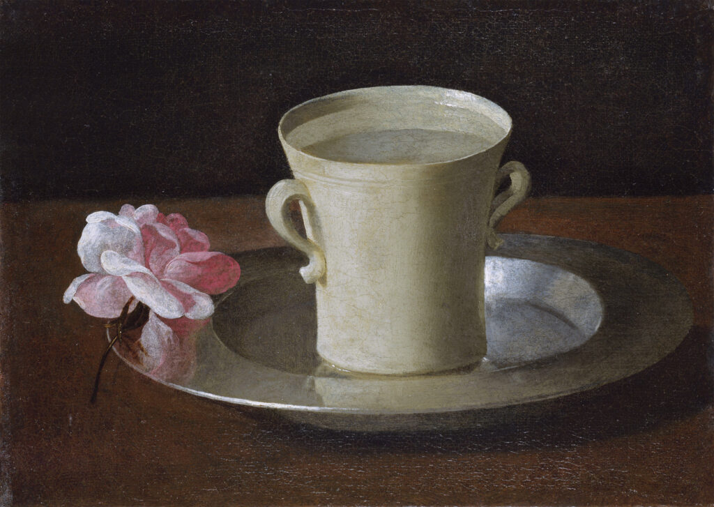 Zurbarán. Vaso de agua y rosa sobre una bandeja de plata, hacia 1630. National Gallery, Londres