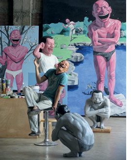 Yue Minjun. Retrato en su estudio, 2007