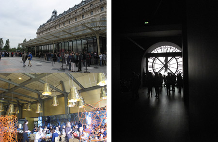 Vista exterior del Musèe d'Orsay. Dentro del Cafe Campana. Vista de uno de los relojes de la antigua estación d'Orsay, en la planta quinta del Museo