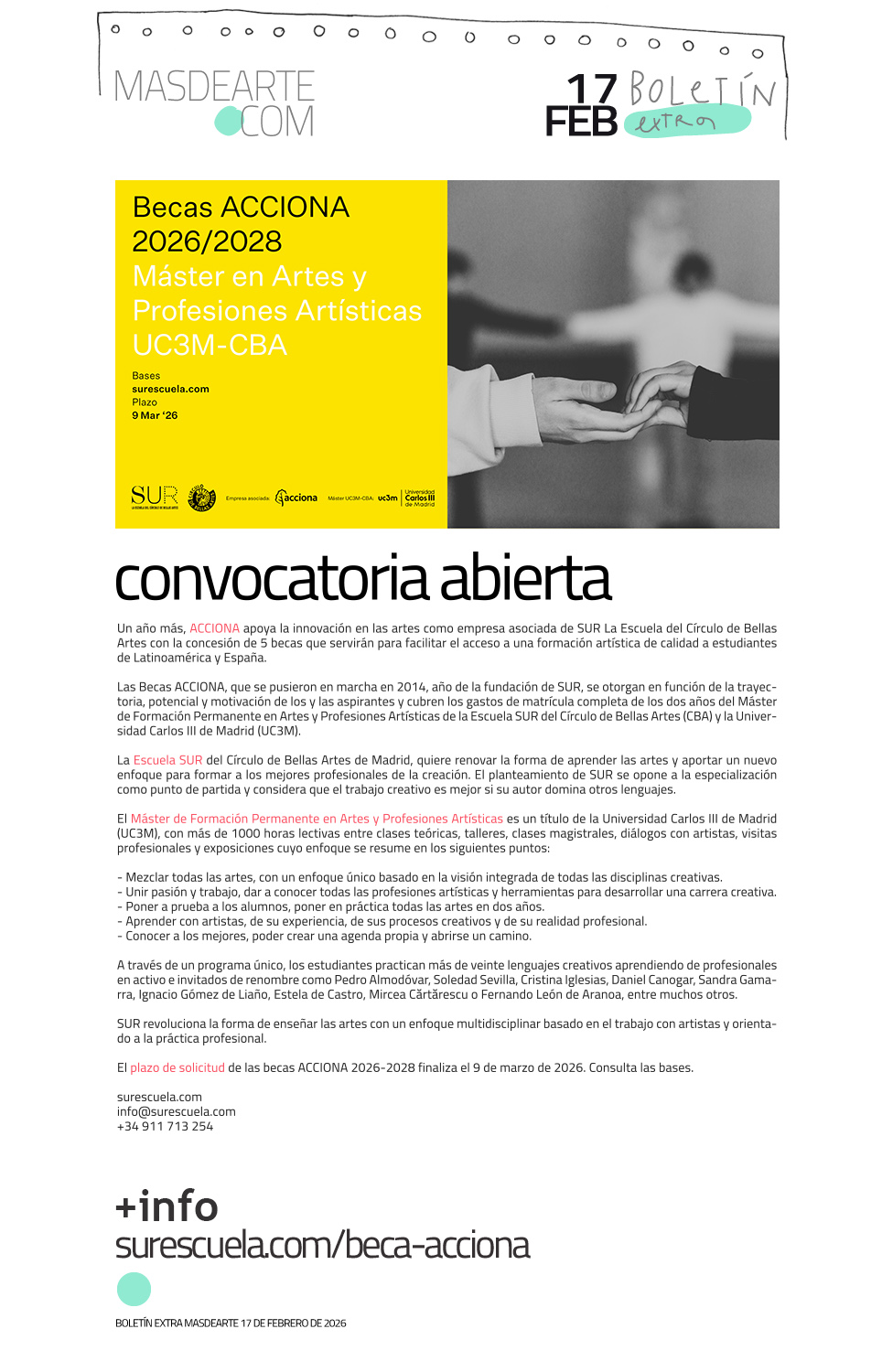 ACCIONA concede 5 becas para la nueva promoción
 del curso académico 2026-2028 del Máster de Formación Permanente en Artes y Profesiones Artísticas UC3M-CBA de Escuela SUR