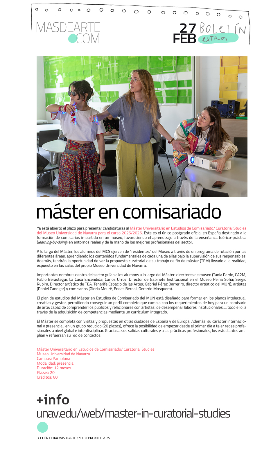 Máster Universitario en Estudios de Comisariado/
 Curatorial Studies del Museo Universidad de Navarra. Curso 2025-26