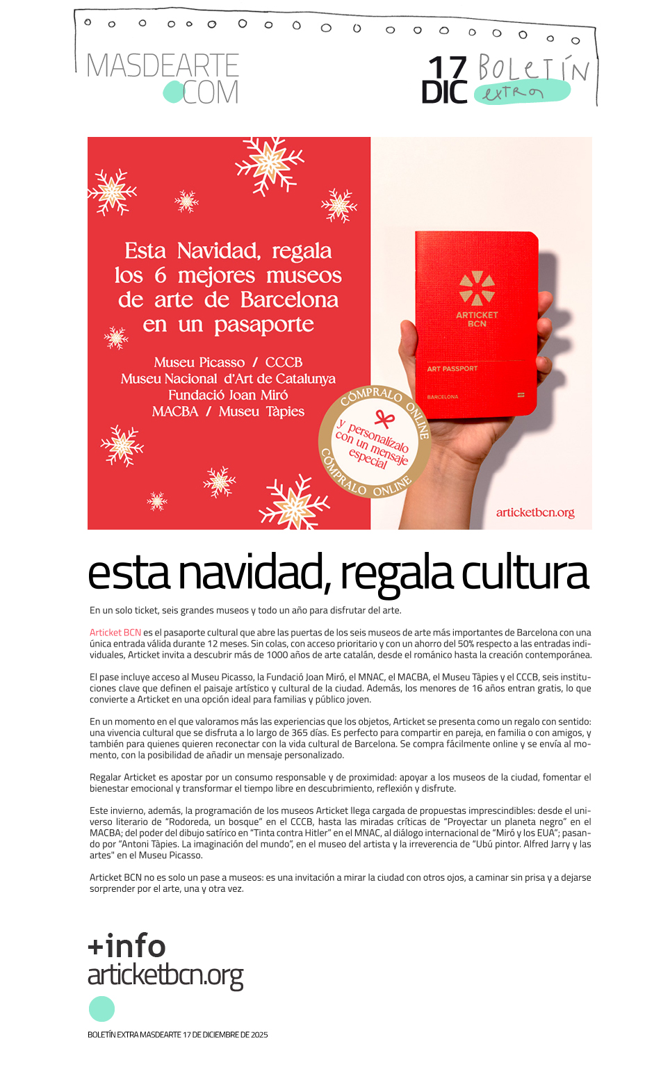 Extra masdearte: ArticketBCN, esta Navidad regala cultura