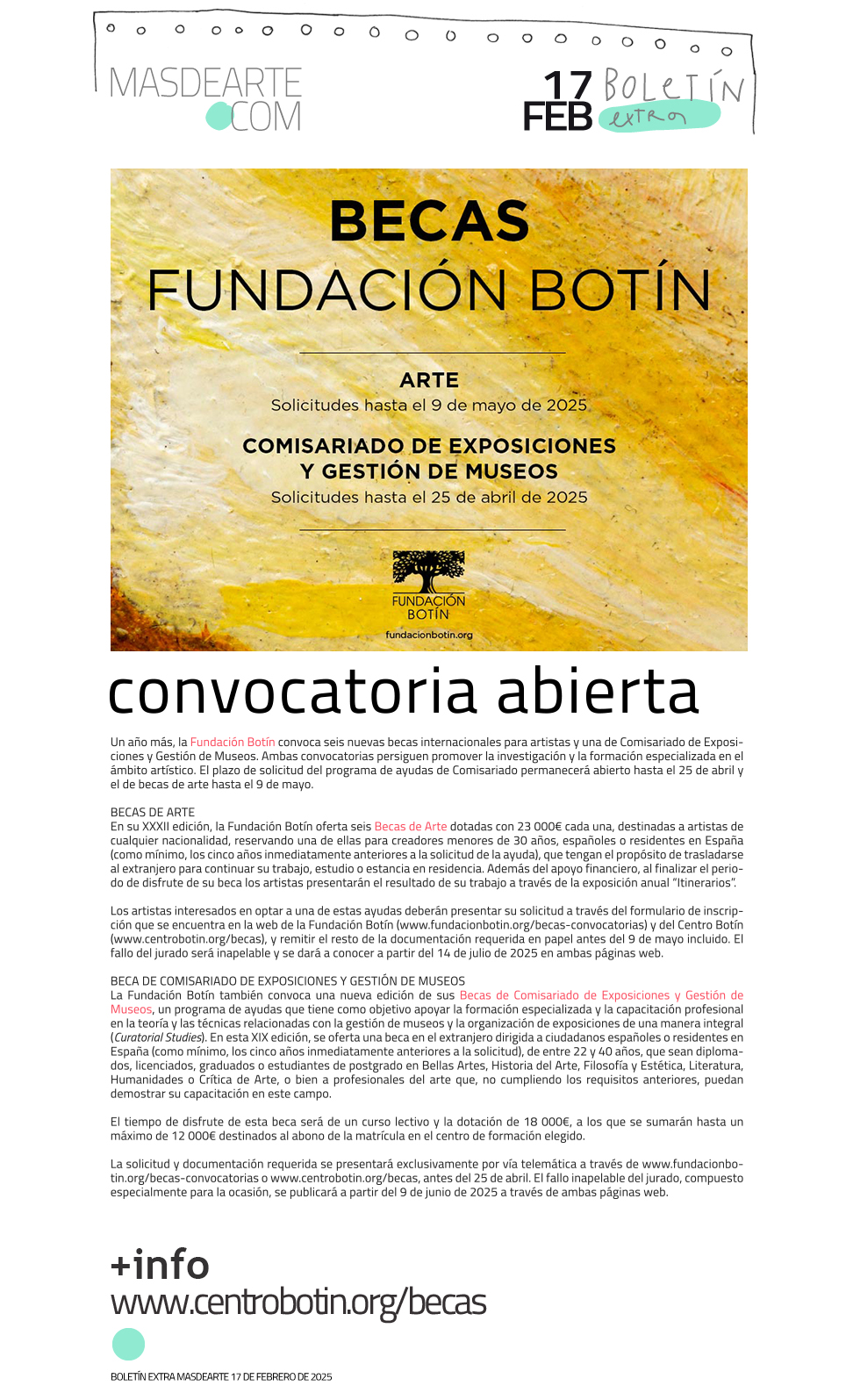 Extra masdearte: nueva convocatoria de
 Becas Fundación Botín 2025/2026: Becas de Comisariado y Gestión de Museos y Becas de Arte