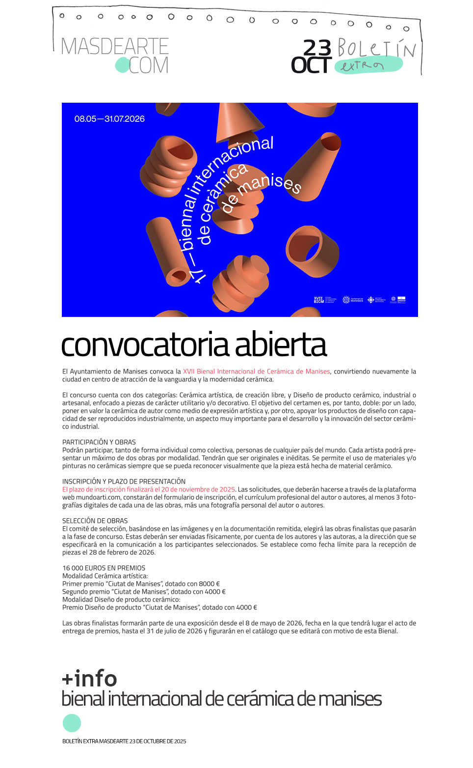 Extra masdearte: Bienal Internacional de
 cerámica de Manises 2026. Convocatoria abierta