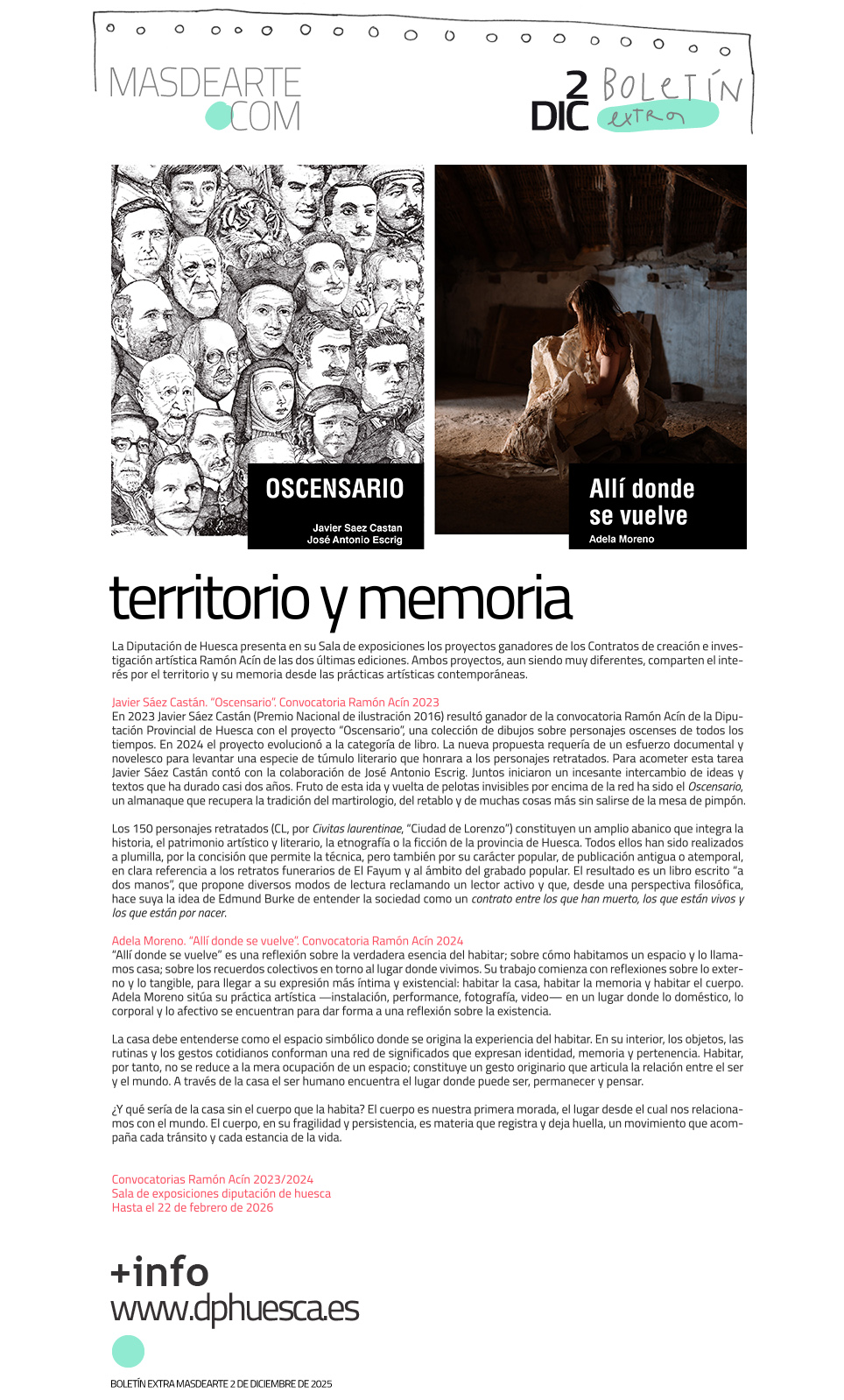 Territorio y memoria en la Sala de exposiciones
 de la diputación de Huesca: Javier Sáez Castán y Adela Moreno