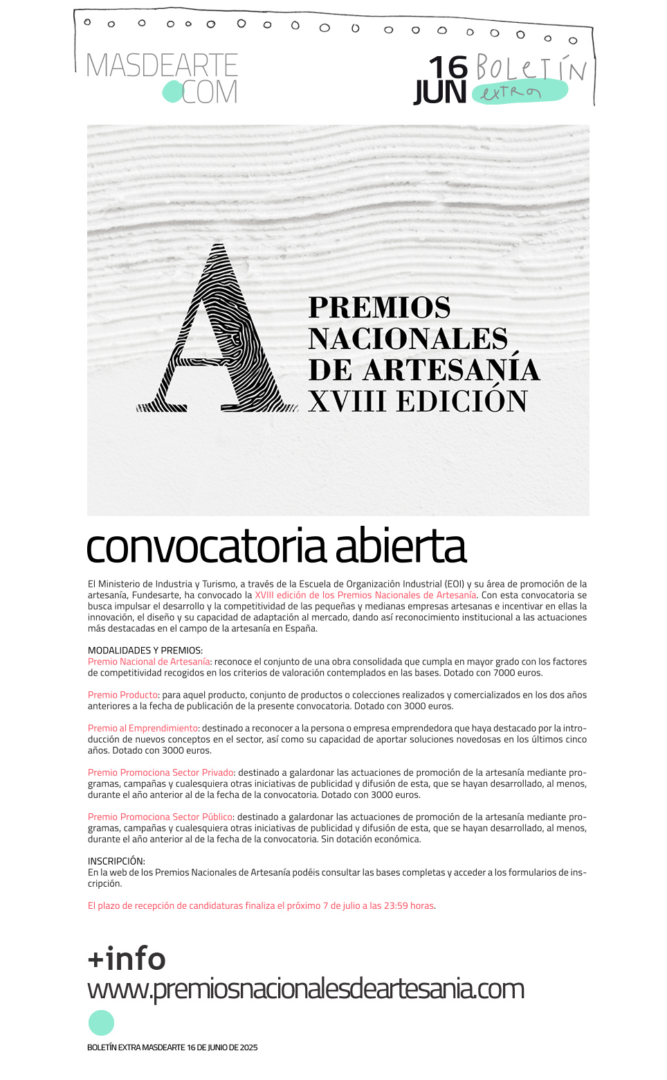 Extra masdearte: convocada una nueva edición
 de los Premios Nacionales de Artesanía. Presentación de candidaturas hasta el 7 de julio