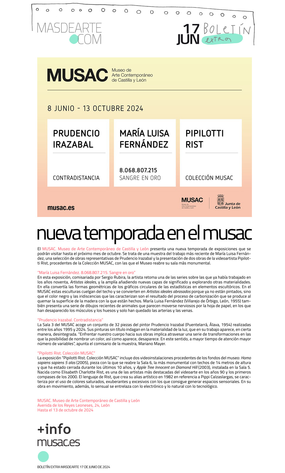 El MUSAC presenta su programación estival, con exposiciones de María Luisa Fernández, Prudencio Irazabal y Pipilotti Rist, y reabre su sala más monumental