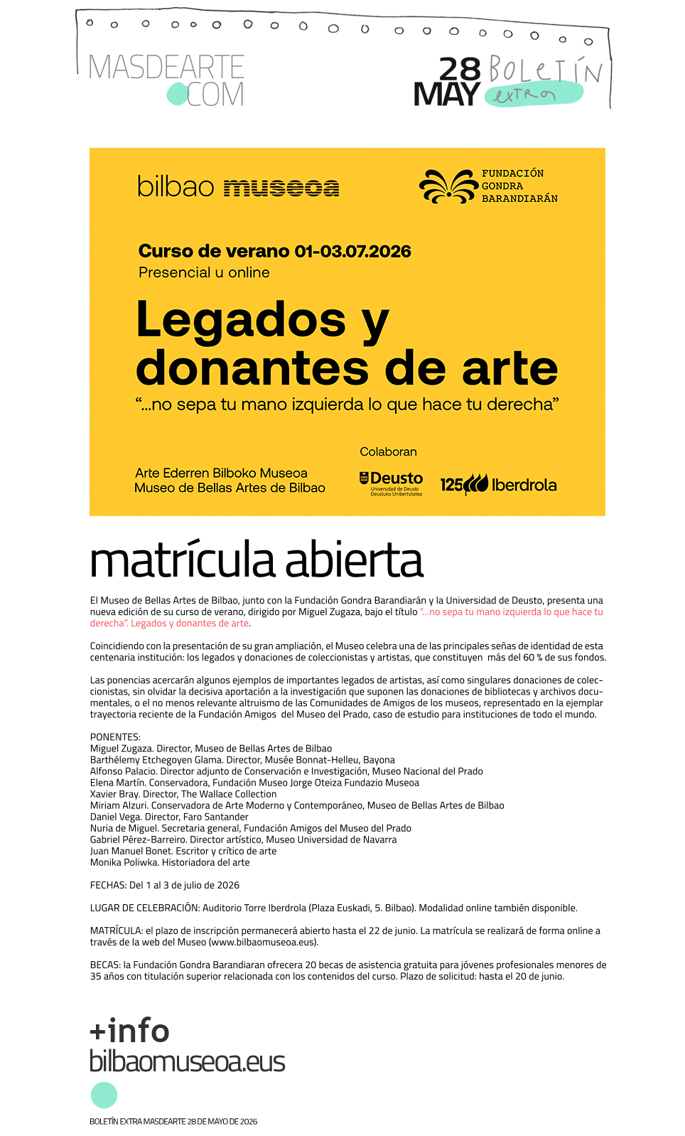 Extra masdearte: Legados y donantes de
 arte, curso de verano del Museo de Bellas Artes de Bilbao