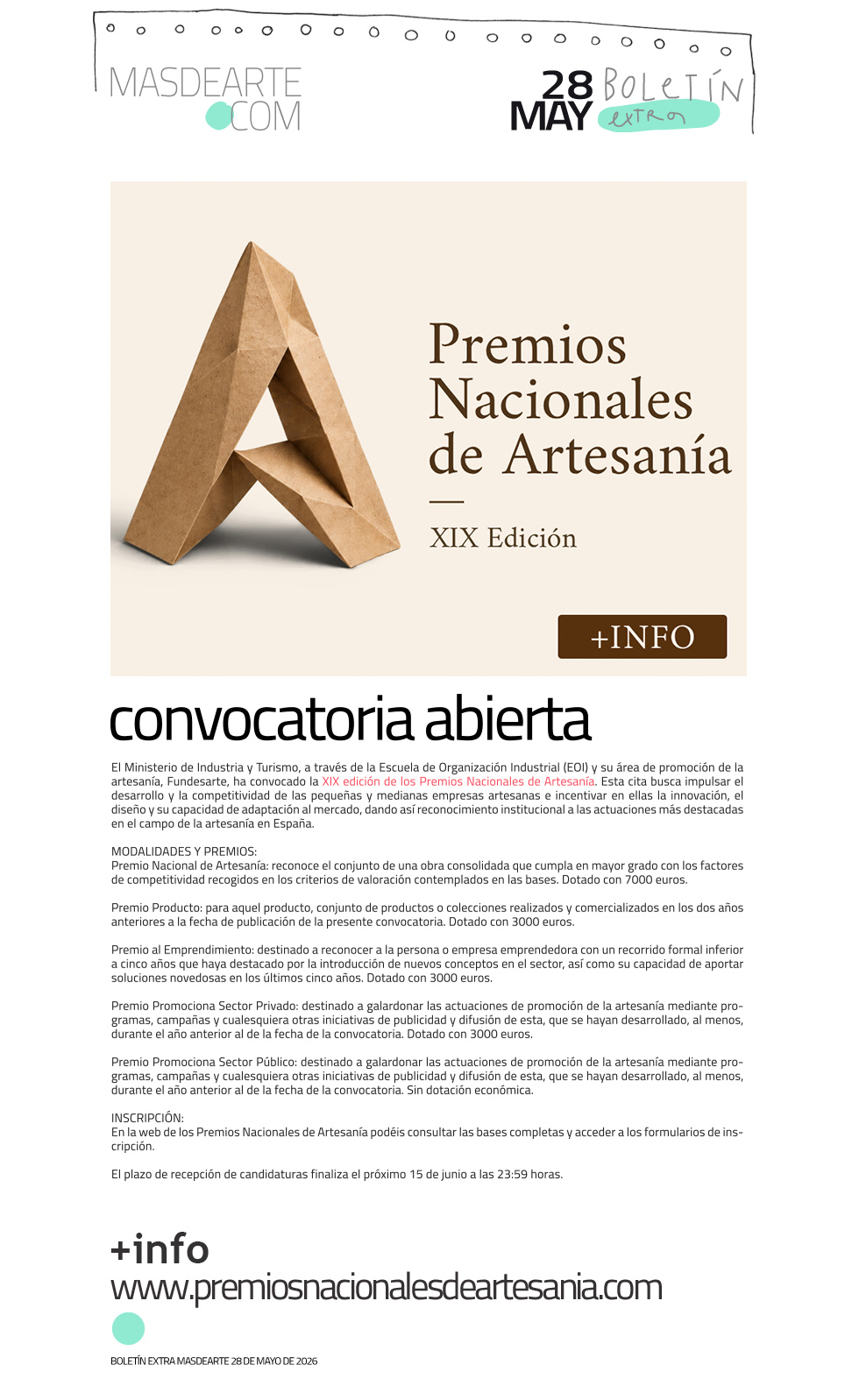 Extra masdearte: convocatoria Premios Nacionales de Artesanía 2026
