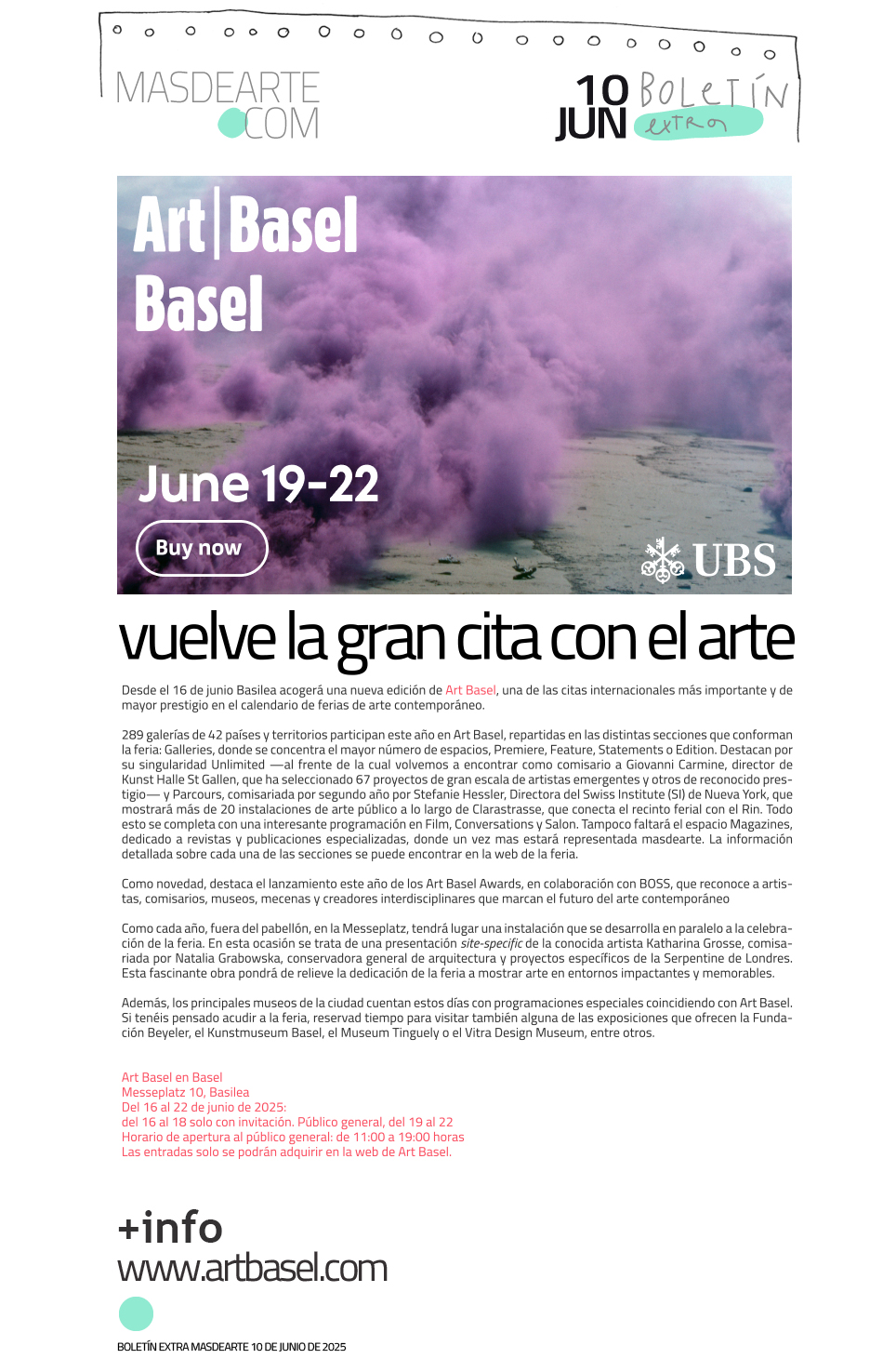 Extra masdearte: regresa Art Basel, la
 gran cita internacional con el arte y el coleccionismo. Del 16 al 22 de junio