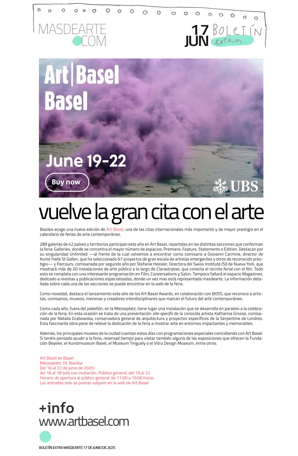 Extra masdearte: Art Basel, la gran cita
 internacional con el arte y ell coleccionismo. Compra tus entradas.