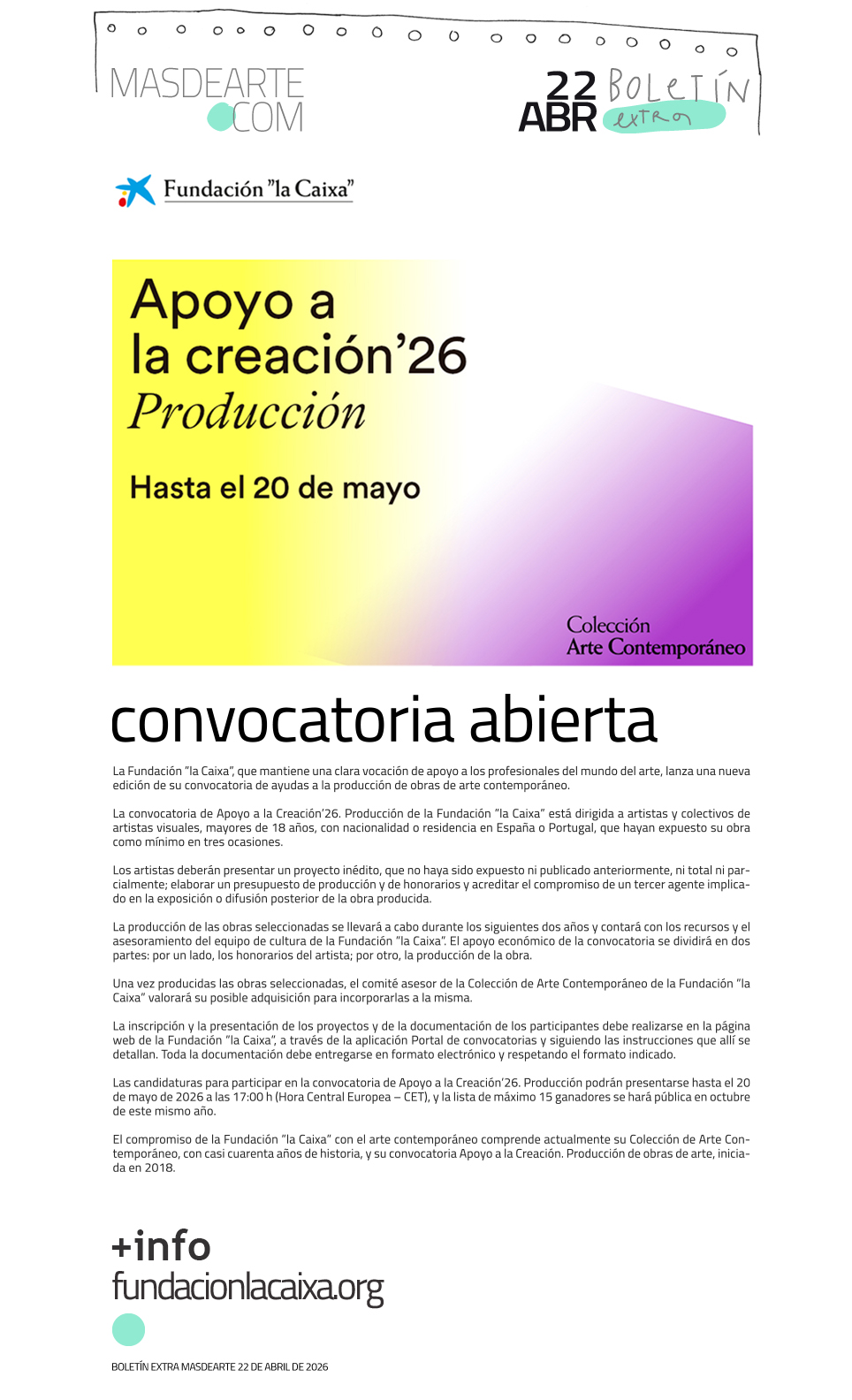 Extra masdearte: Apoyo a la Creación’26. Producción, de Fundación ''la Caixa''. Convocatoria abierta hasta el 20 de mayo 2026
