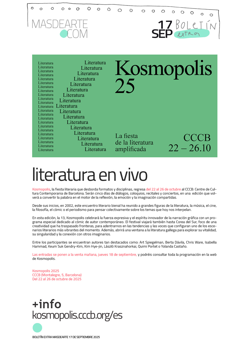 Extra masdearte: vuelve Kosmopolis, la fiesta de la literatura amplificada en el CCCB. Entradas a la venta a partir del 18 de septiebre