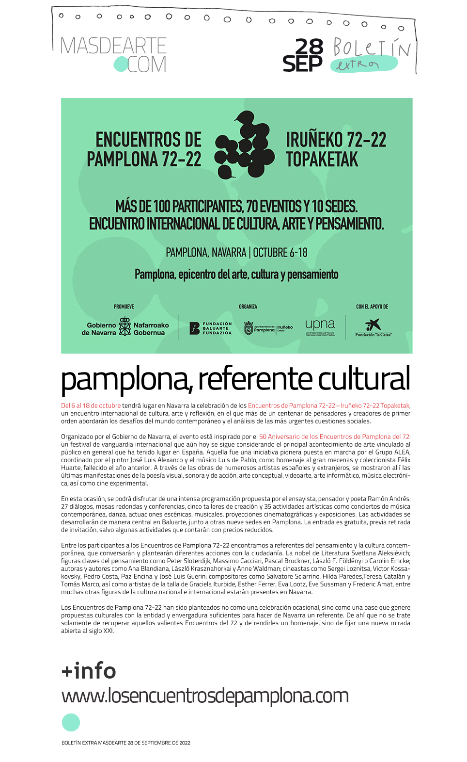 Los Encuentros de Pamplona 72-22 convertirán a la capital navarra
 en centro del pensamiento, el arte y la cultura europea.