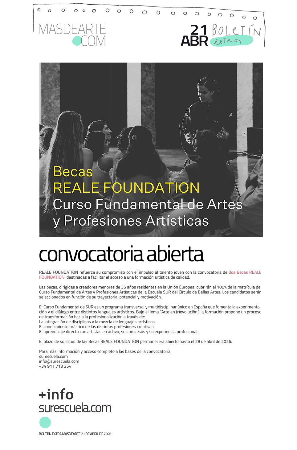 REALE FOUNDATION OFRECE 2 BECAS PARA ESTUDIAR
 EL CURSO FUNDAMENTAL DE ARTES Y PROFESIONES ARTÍSTICAS DE LA ESCUELA SUR DEL CÍRCULO DE BELLAS ARTES
