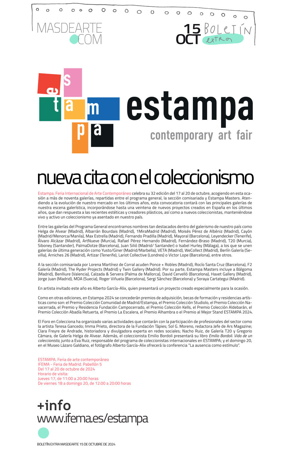 Extra masdearte: Estampa. Feria de arte
 contemporáneo celebra su 32 edición del 17 al 20 de octubre de 2024