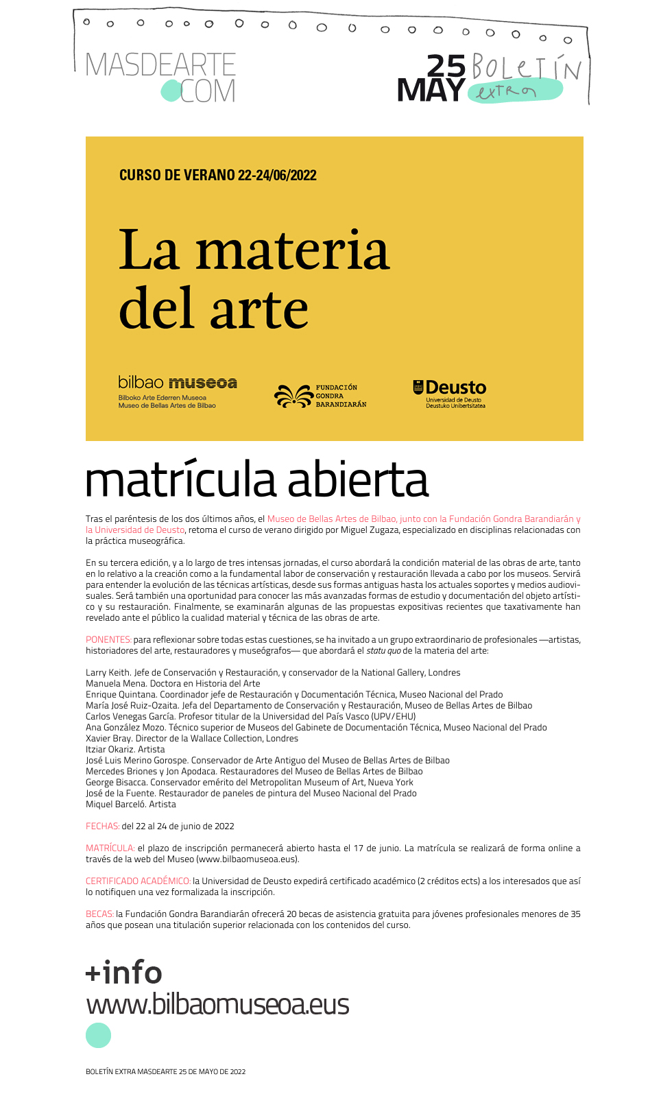 Extra masdearte: La materia del arte. Curso de verano del Museo de
 Bellas Artes de Bilbao