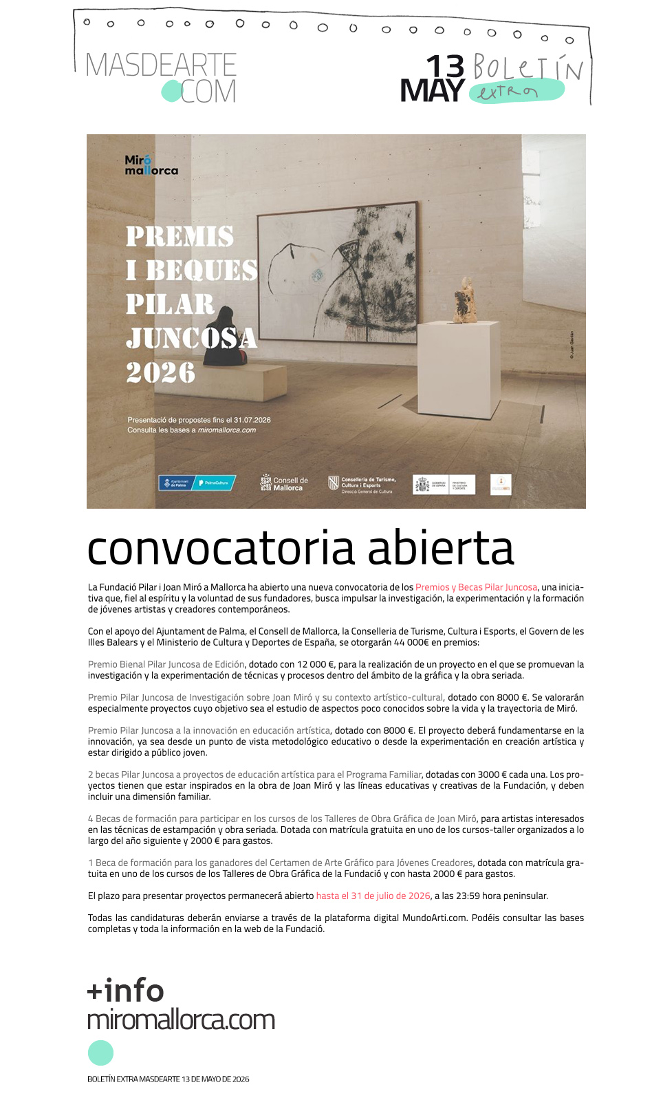 Extra masdearte: Premios y Becas Pilar Juncosa. Convocatoria 2026