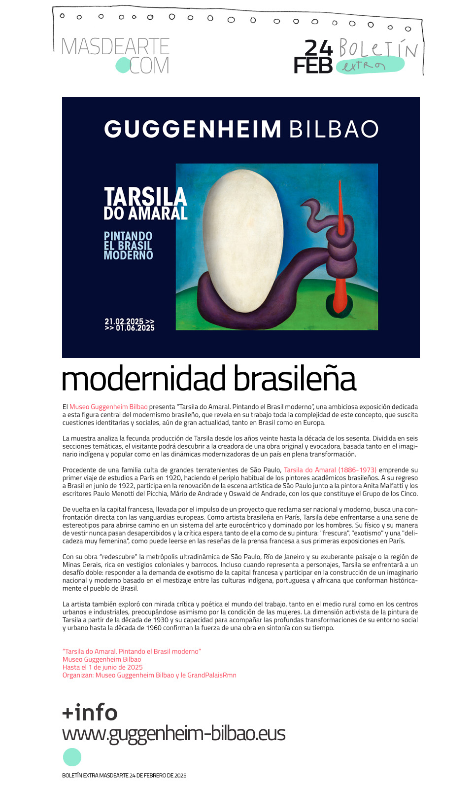 El Museo Guggenheim Bilbao presenta 'Tarsila
 do Amaral. Pintando el Brasil moderno'. Hasta el 1 de junio de 2025